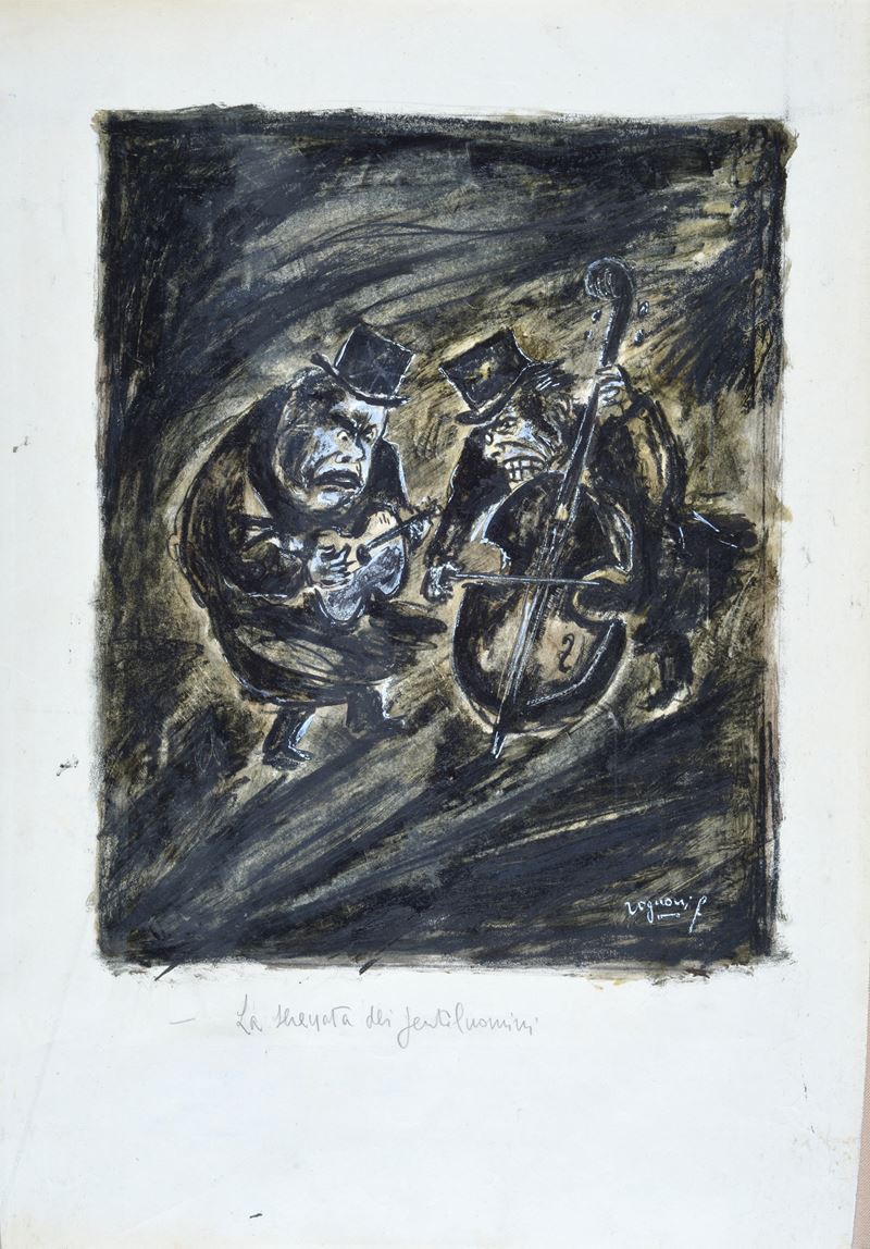 Franco Rognoni - Serenata dei galantuomini, tempera, inchiostro e matita su carta riportata su te...