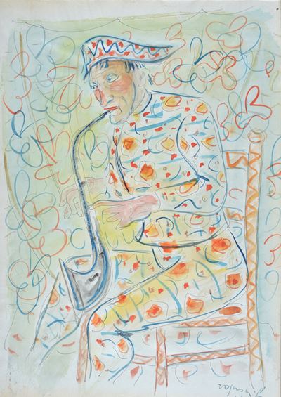 Arlecchino con sax, acquerello e inchiostro su carta riportata su tela