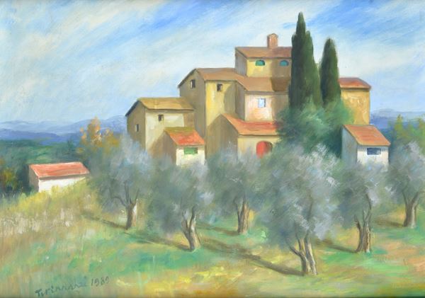 Nino Tirinnanzi - Paesaggio con case e ulivi