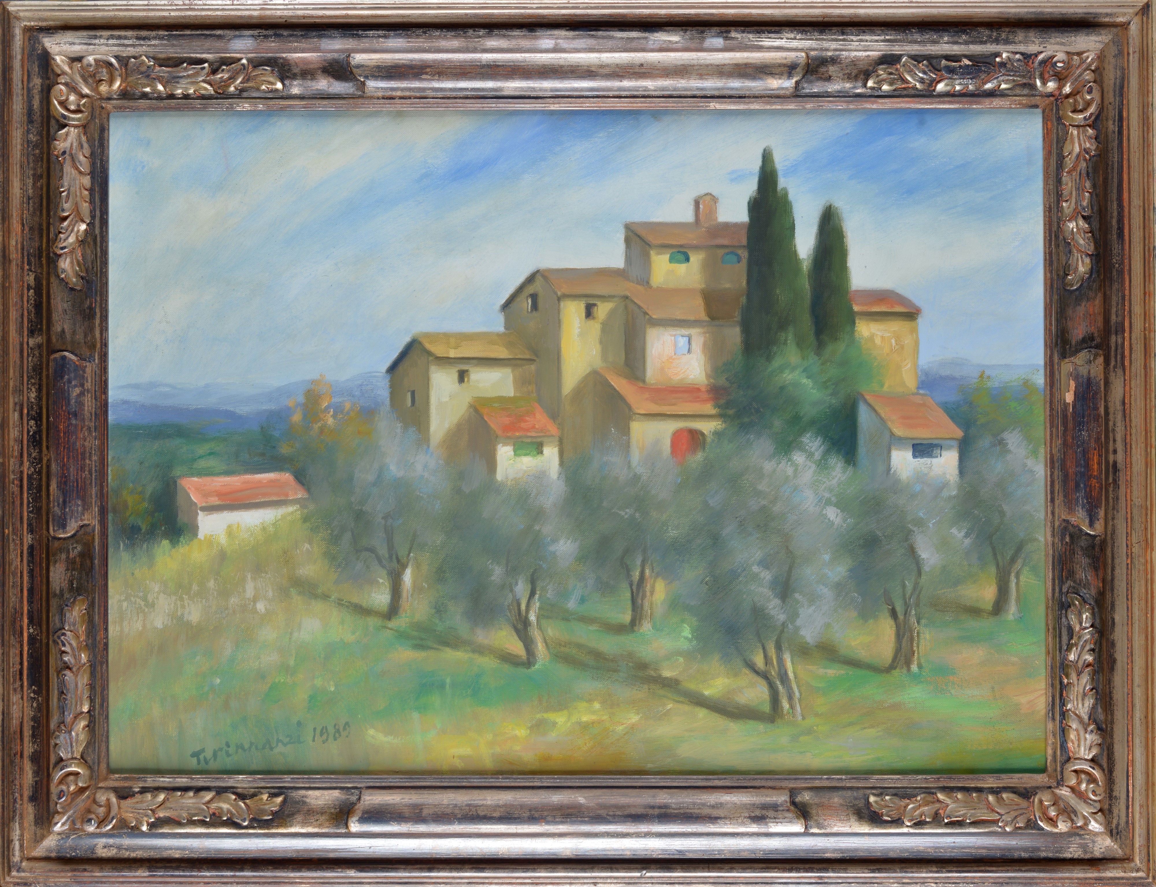 Nino Tirinnanzi - Paesaggio con case e ulivi, olio su cartone telato