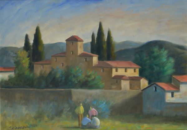 Nino Tirinnanzi - Paesaggio con case e figure