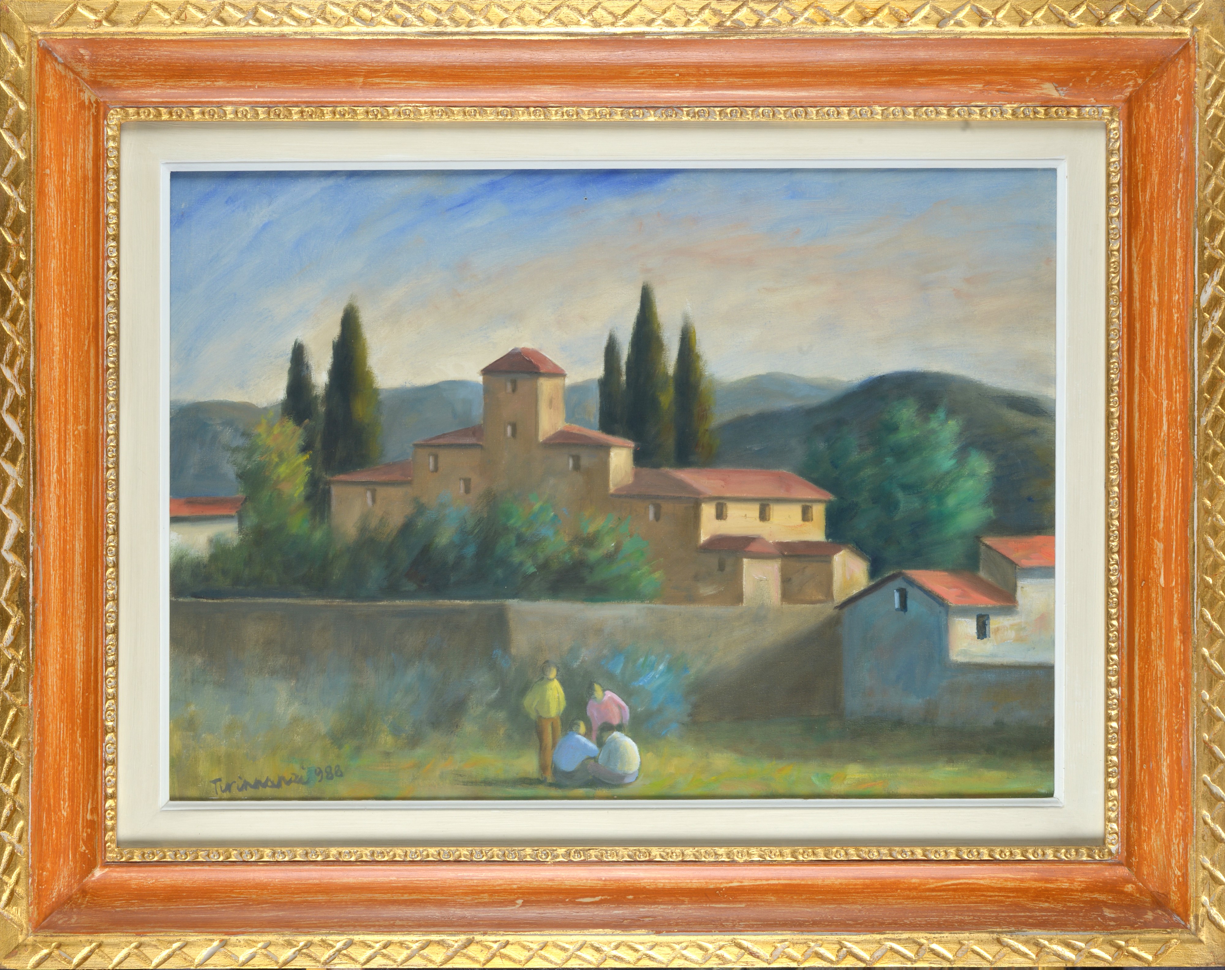 Nino Tirinnanzi - Paesaggio con case e figure, olio su tela