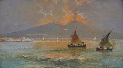 Barche con Vesuvio sullo sfondo