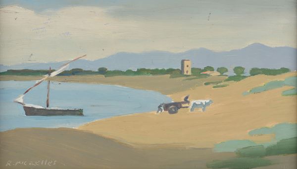 RAM (Ruggero Alfredo Michahelles) - Paesaggio lacustre con carro e buoi