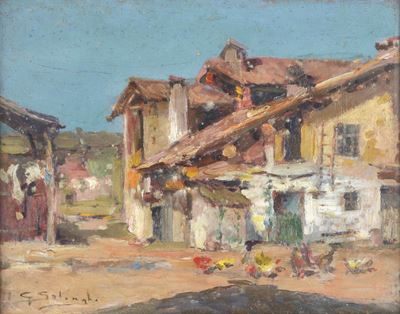 Casolare di campagna (fronte e retro), olio su tavola