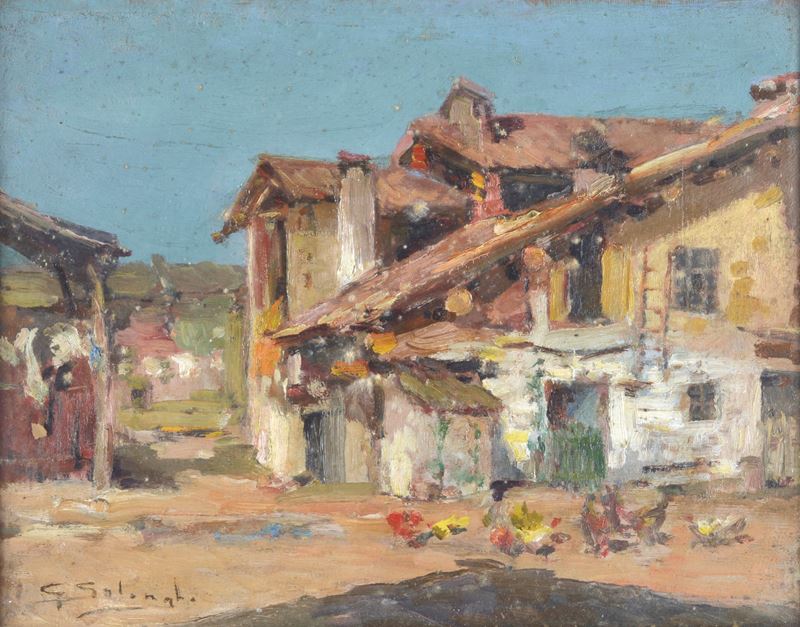 Giuseppe Solenghi - Casolare di campagna (fronte e retro), olio su tavola