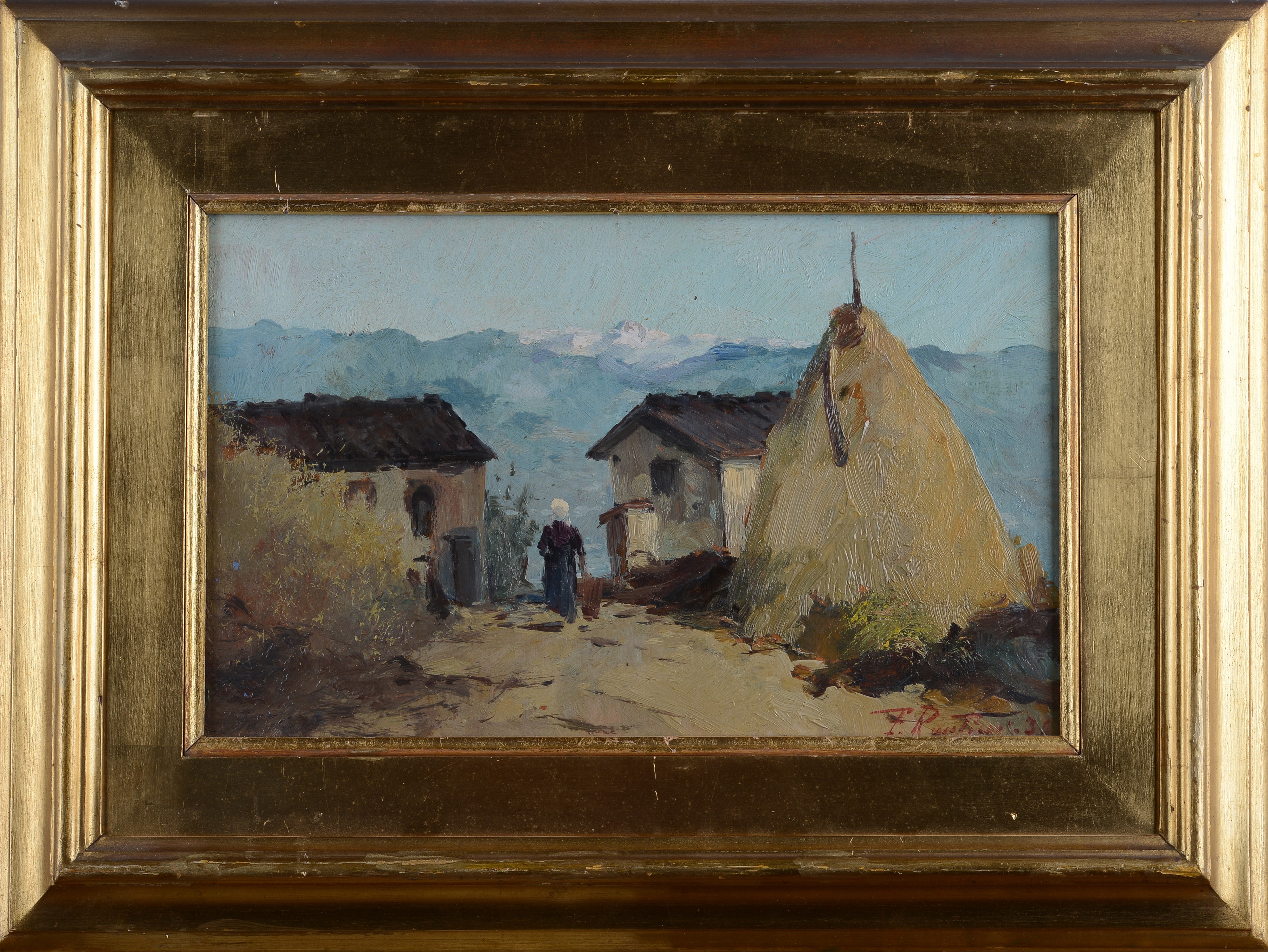 Ferruccio Rontini - Casolari con contadina, olio su tavola