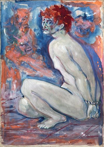 Figura accovacciata (Senza titolo), tempera su carta intelata