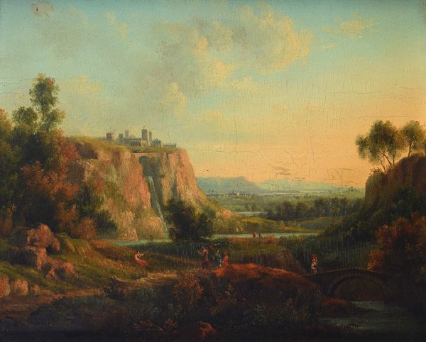 Andreas Markò - Paesaggio con castello, ponte e figure 