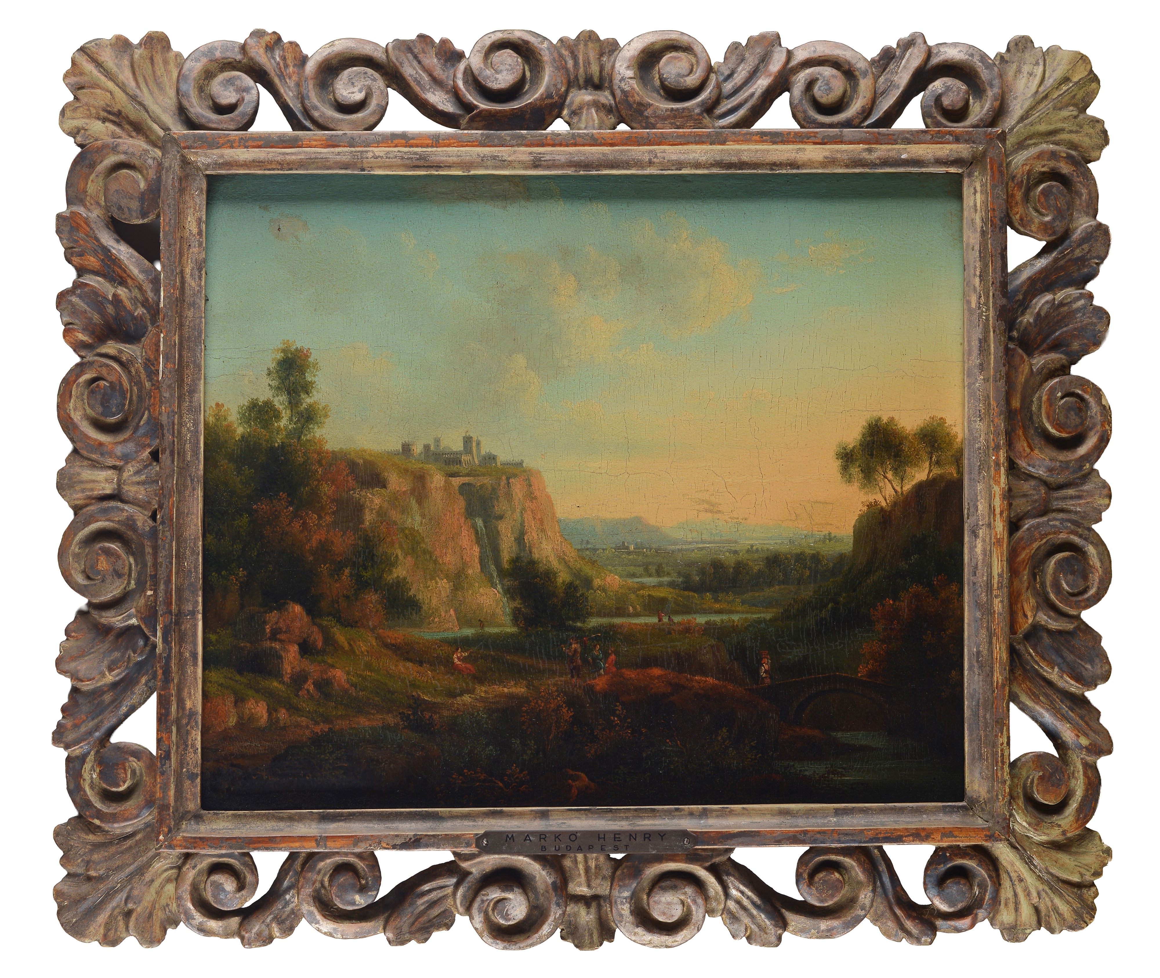 Andreas Markò - Paesaggio con castello, ponte e figure, olio su tavola