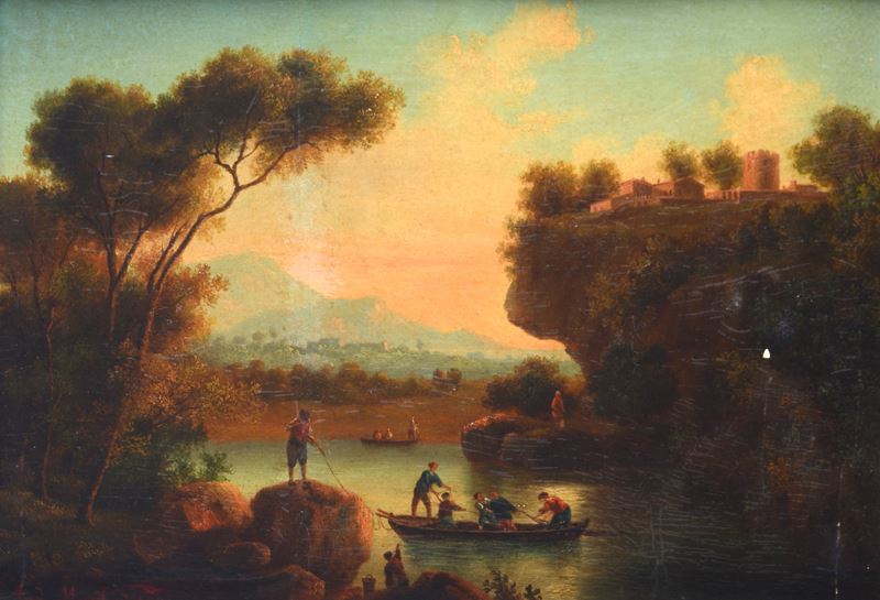 Andreas Markò - Paesaggio fluviale con pescatori, olio su tavola