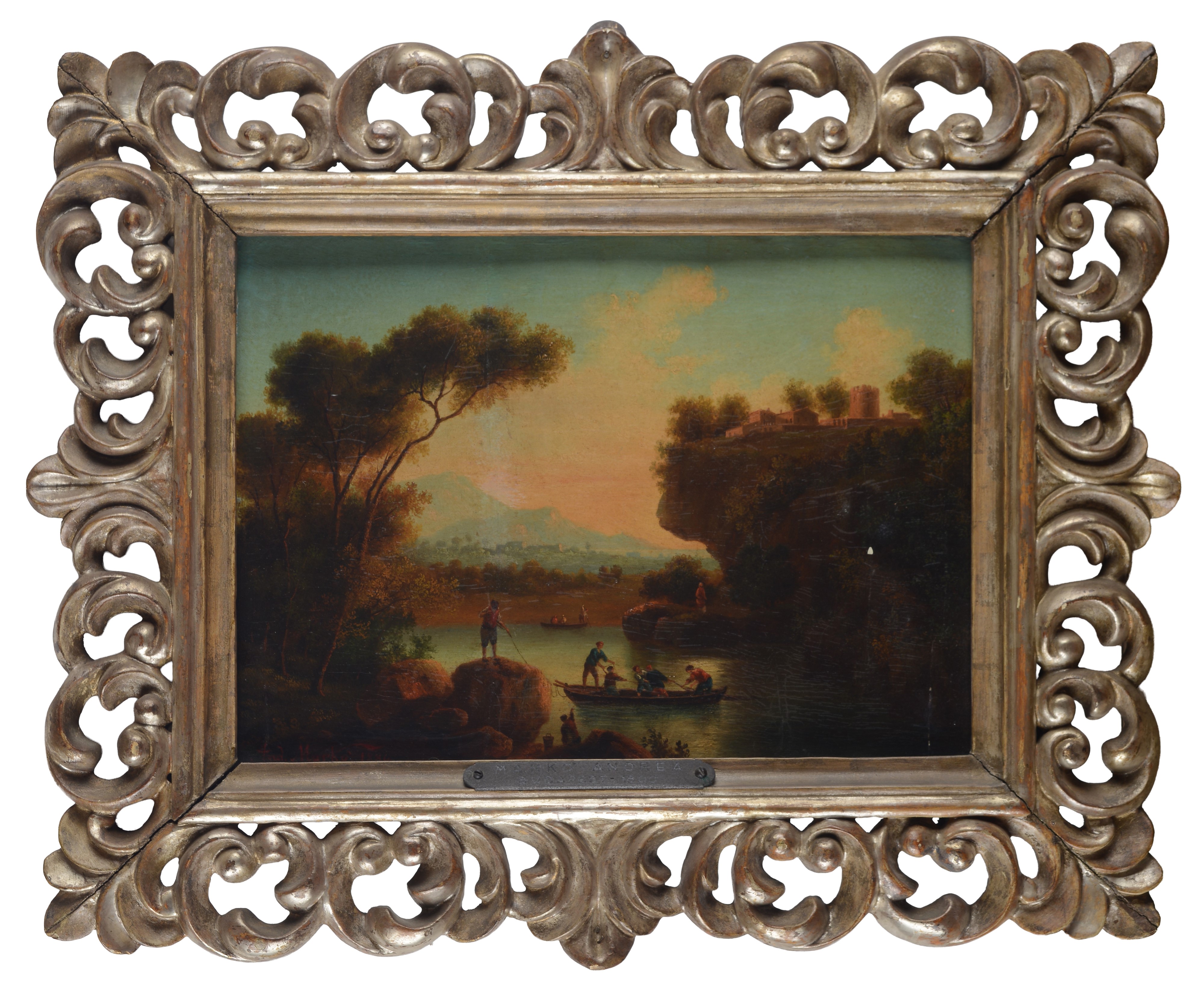 Andreas Markò - Paesaggio fluviale con pescatori, olio su tavola