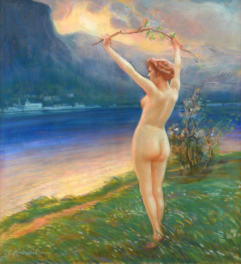 Nudo al tramonto con ramo