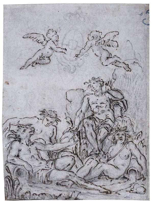 Scuola Italia Settentrionale, XVIII sec. - River deities and pair of winged cherubs with coat of arms