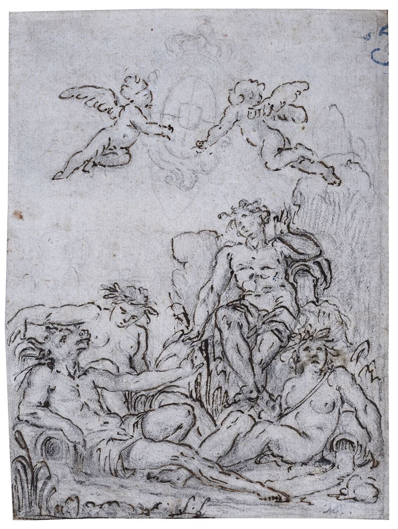 Divinità fluviali e coppia di putti alati con stemma