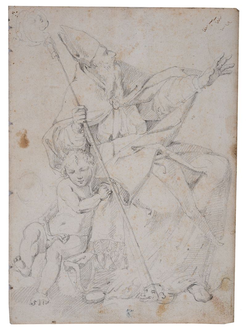 Vescovo con putto (fronte) - Insegne romane e studio di figura (retro)