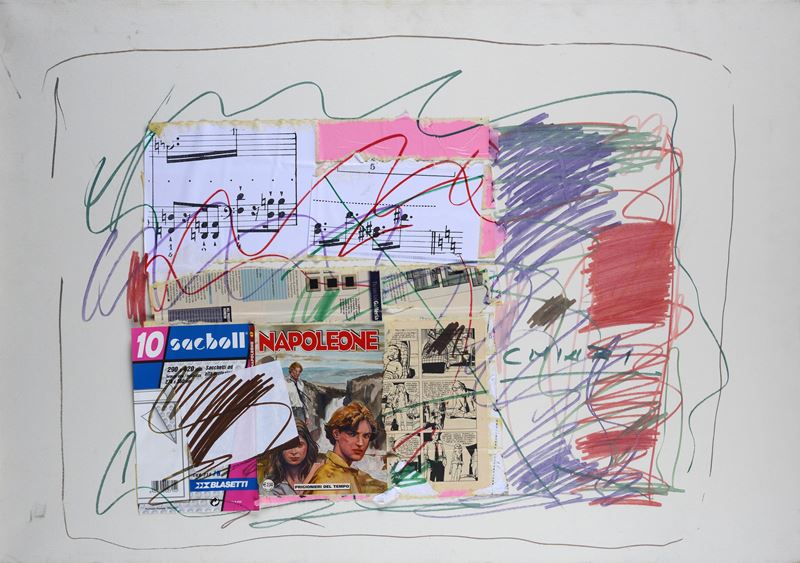 Giuseppe Chiari - Senza titolo, collage e tecnica mista su tela