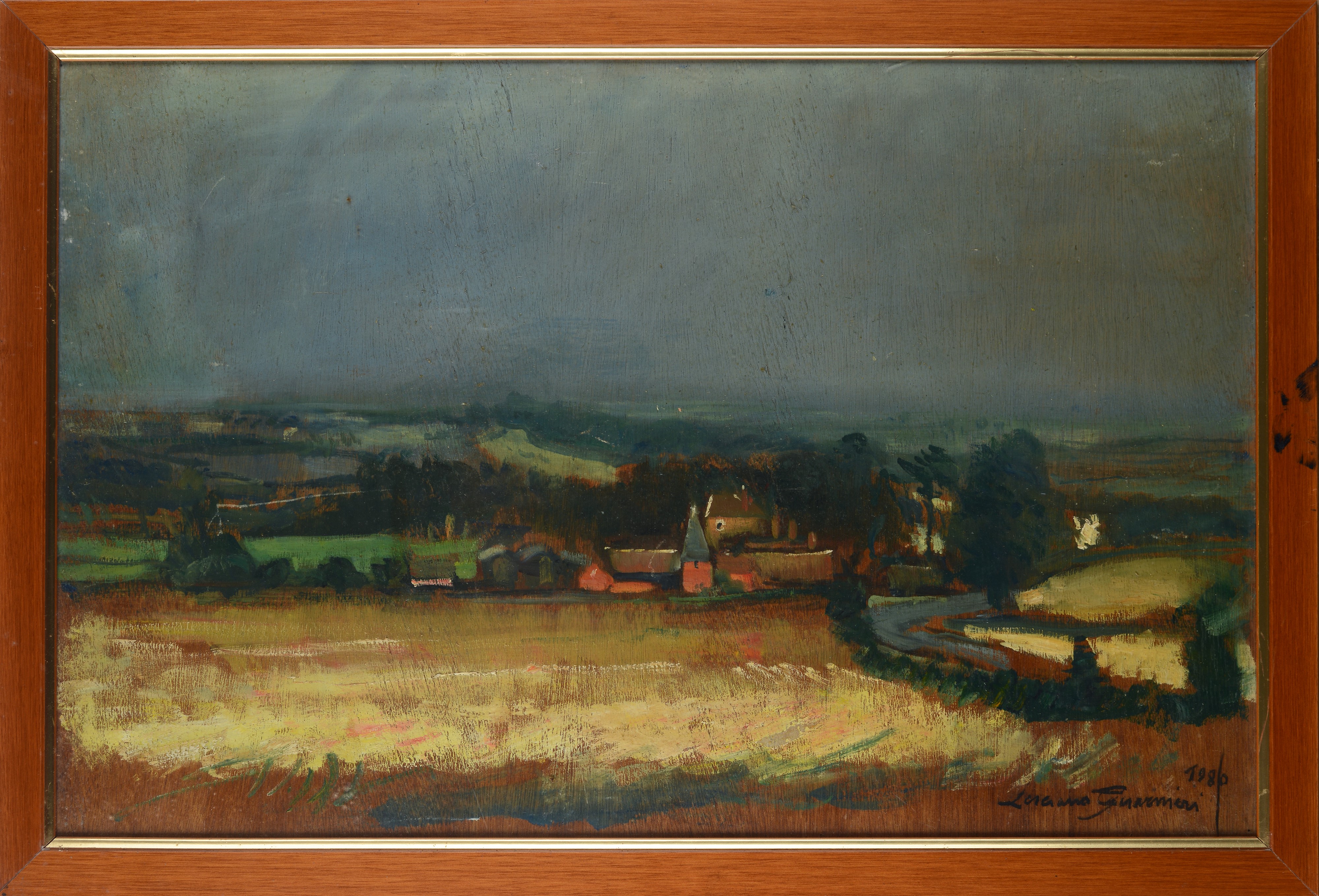 Luciano Guarnieri - Paesaggio con paese sullo sfondo, olio su tavola