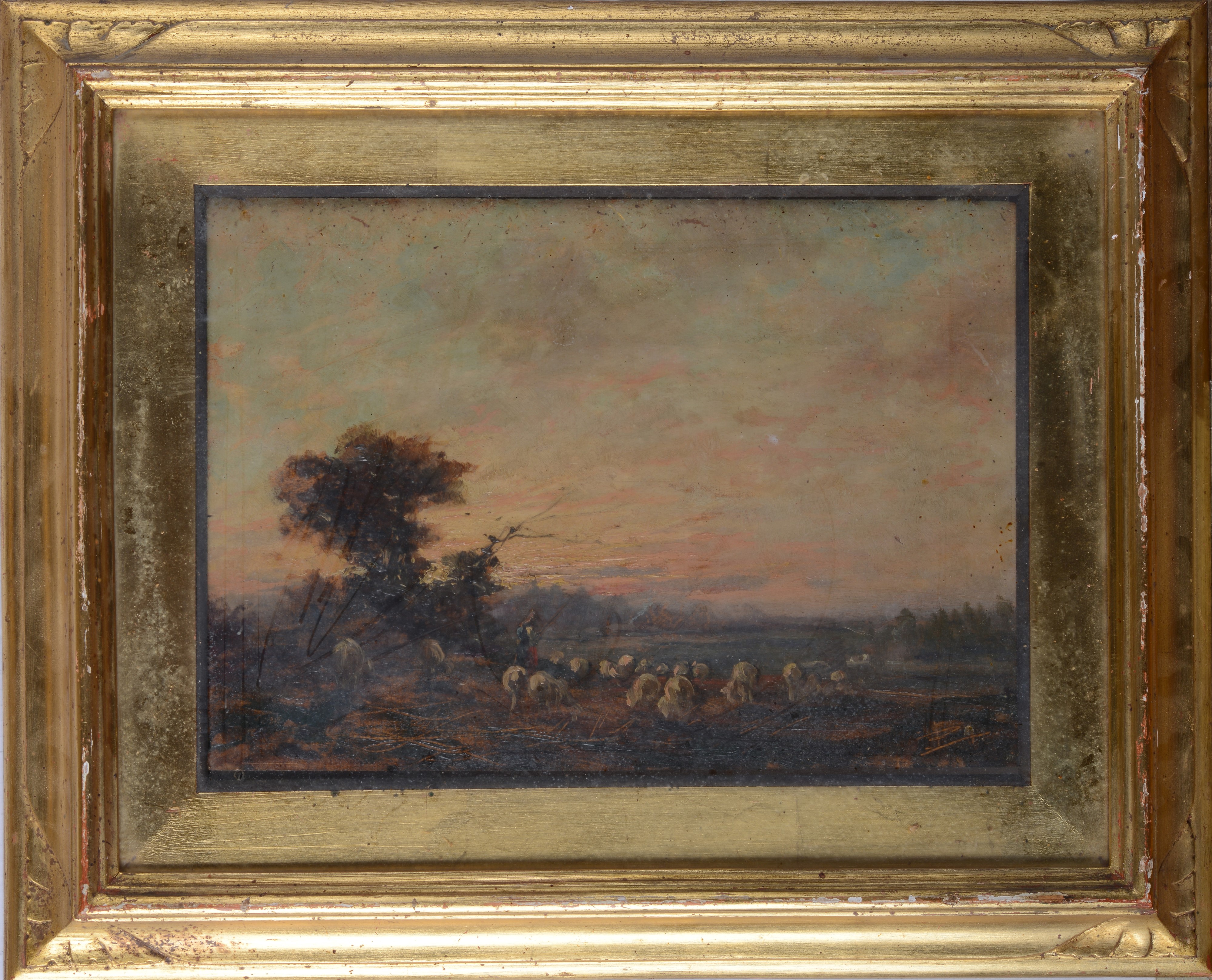 Anonimo, XIX Sec. - Anonimo del XIX secolo, Campagna con pastori e gregge, olio su legno