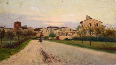 Anonimo XIX secolo, Strada con figura, olio su tavola