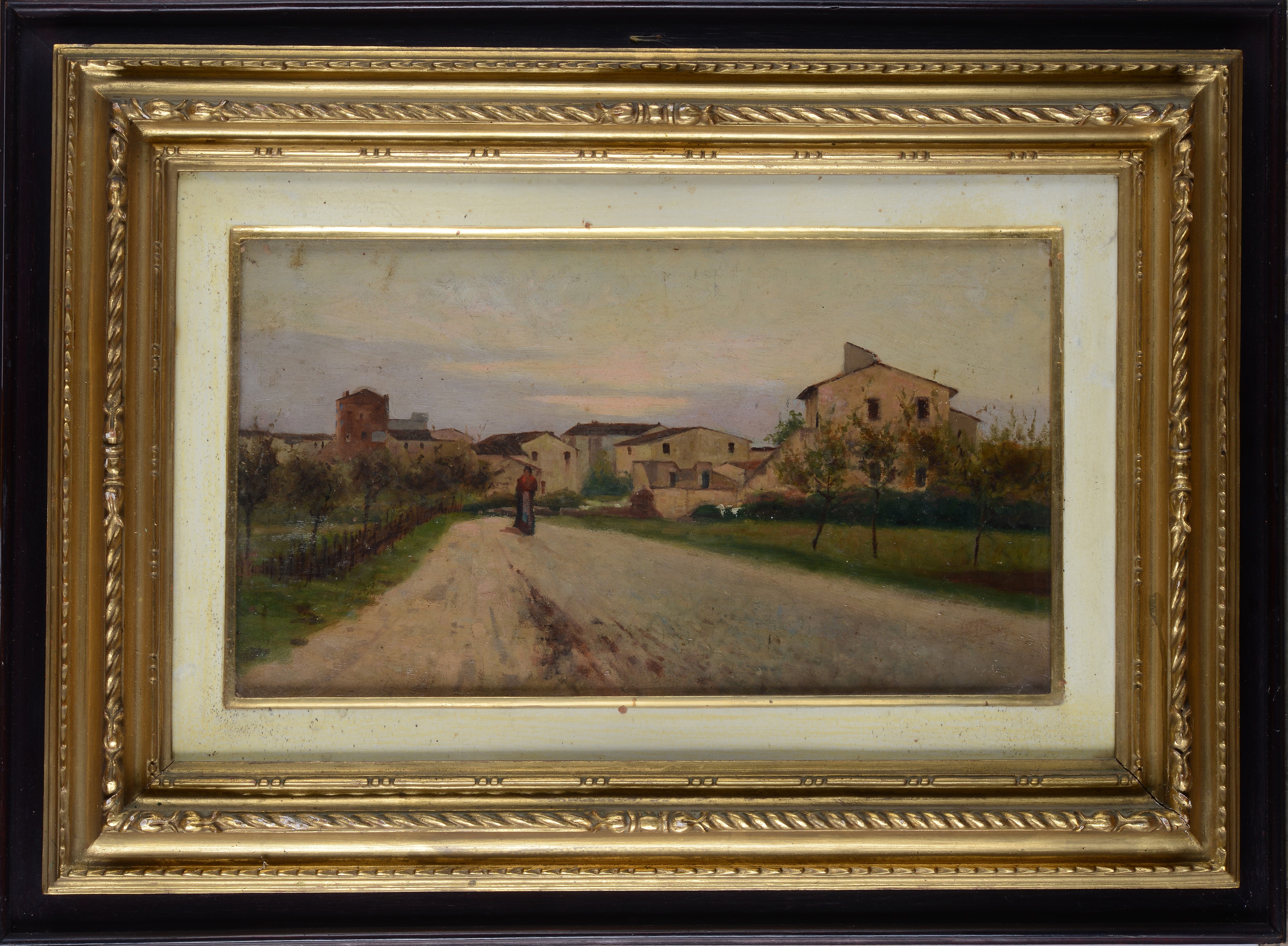 Anonimo, XIX Sec. - Anonimo XIX secolo, Strada con figura, olio su tavola