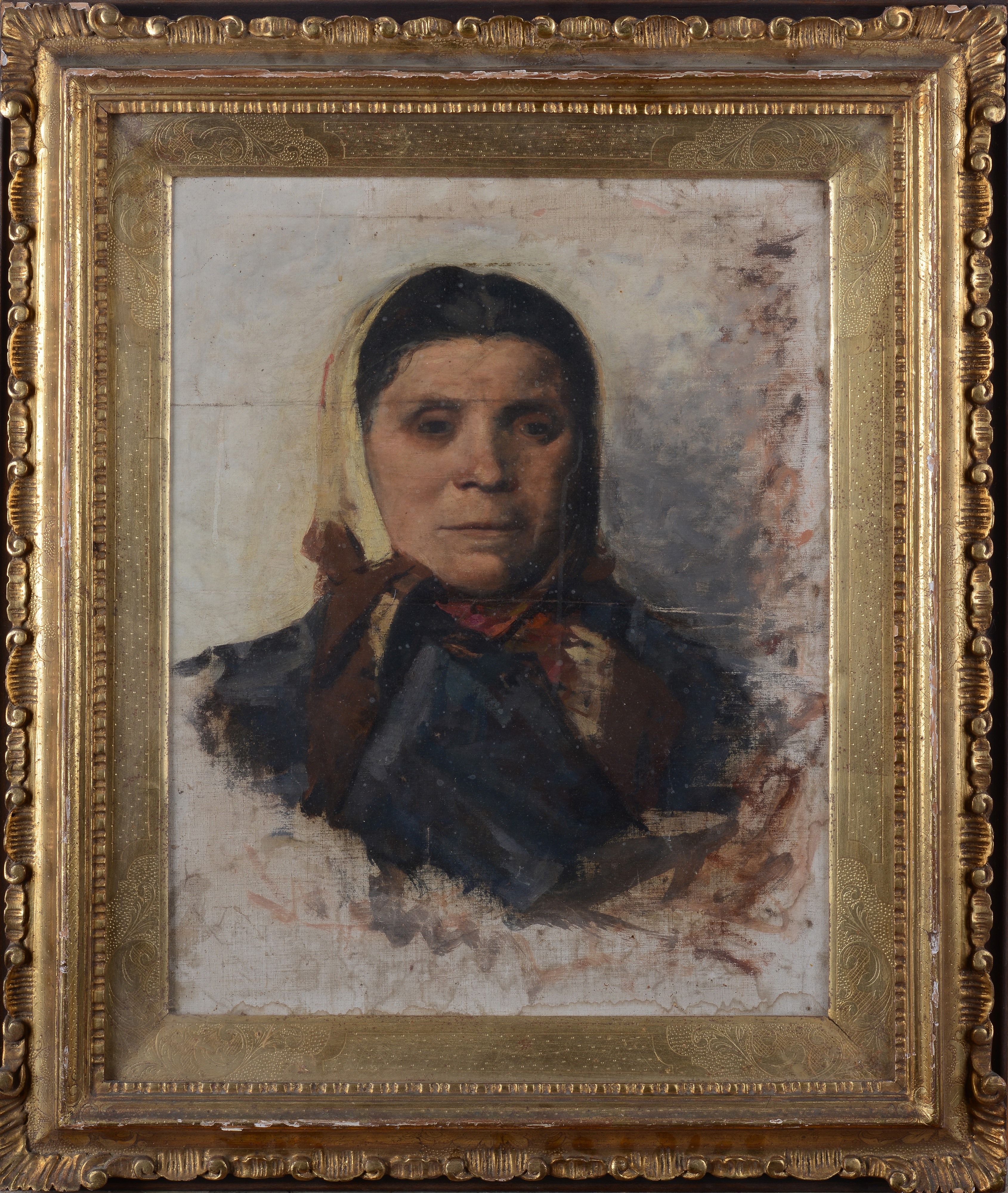 Anonimo, XIX Sec. - Anonimo XIX secolo, Signora con foulard, olio su tela su faesite