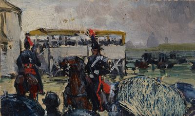 Anonimo del XX secolo, Carabinieri a cavallo (fronte) e Viale alberato (retro), olio su cartone