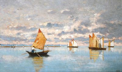 Barche in laguna, olio su tavola
