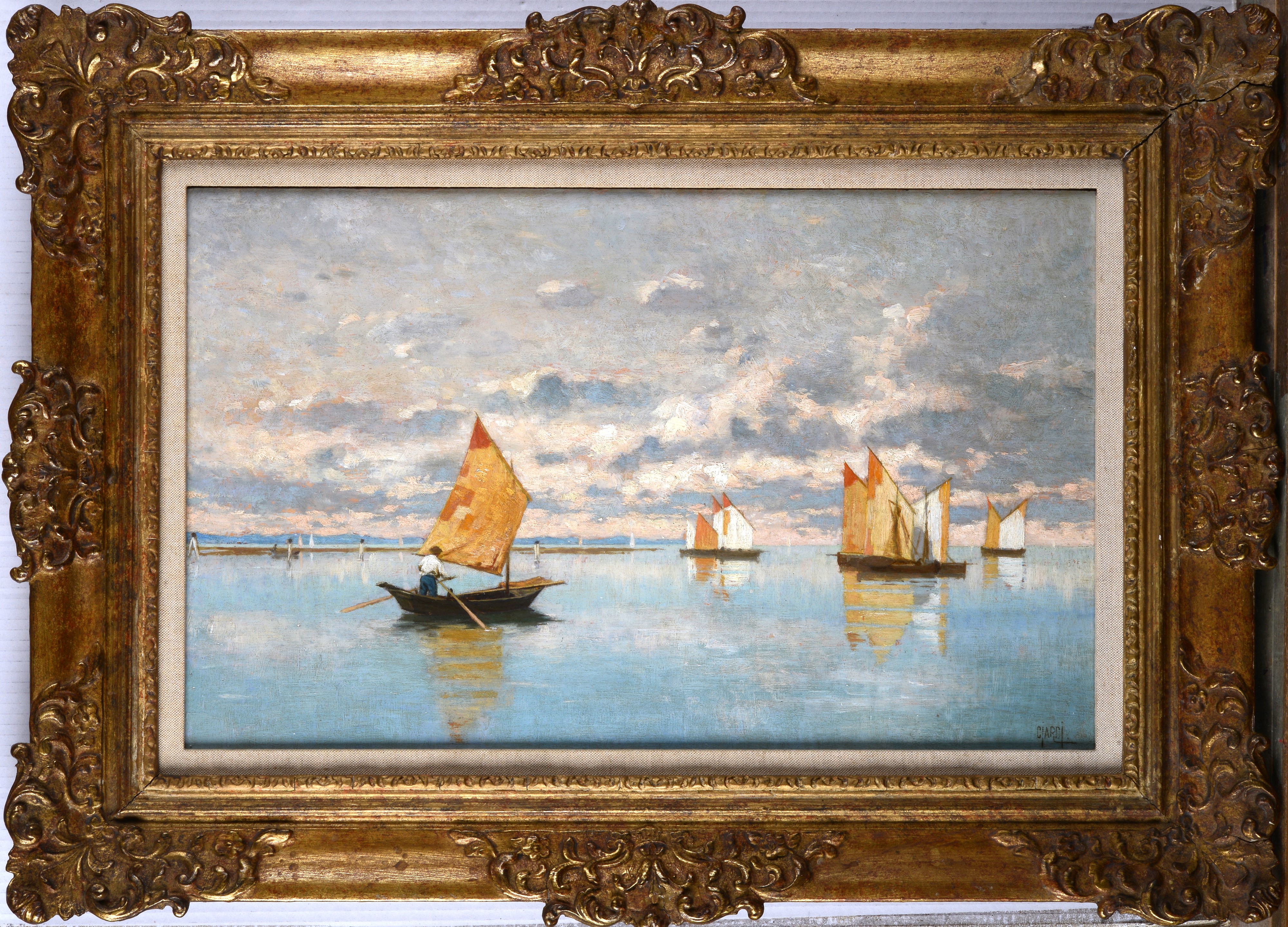 Guglielmo Ciardi - Barche in laguna, olio su tavola
