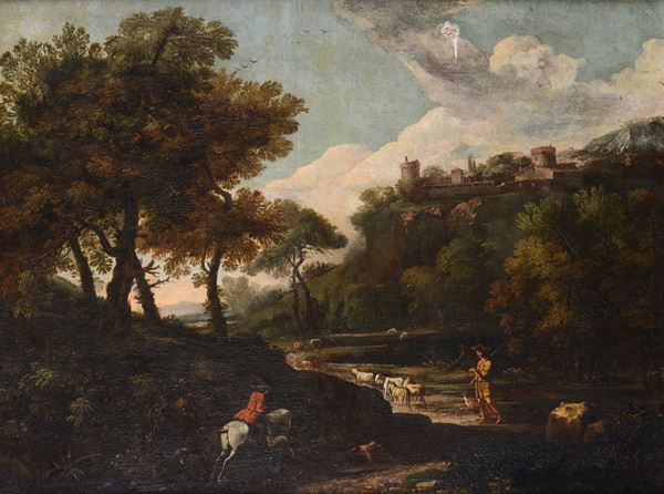 Scuola Italia Centrale, XVIII sec. - Landscape with figure on horseback and shepherd