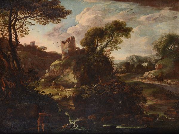 Scuola Italia Centrale, XVIII sec. - Landscape with tower and herds