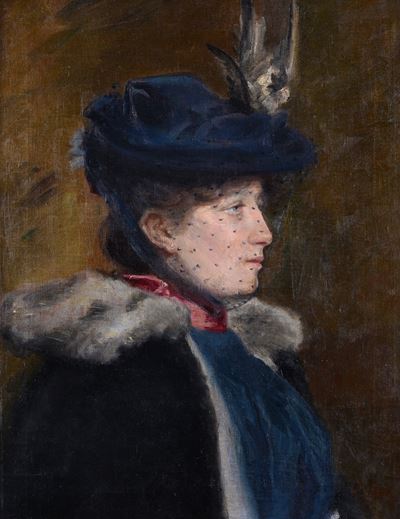 Ritratto di signora con cappello e veletta, olio su tela
