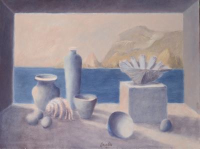 Natura morta nel paesaggio, olio su tela