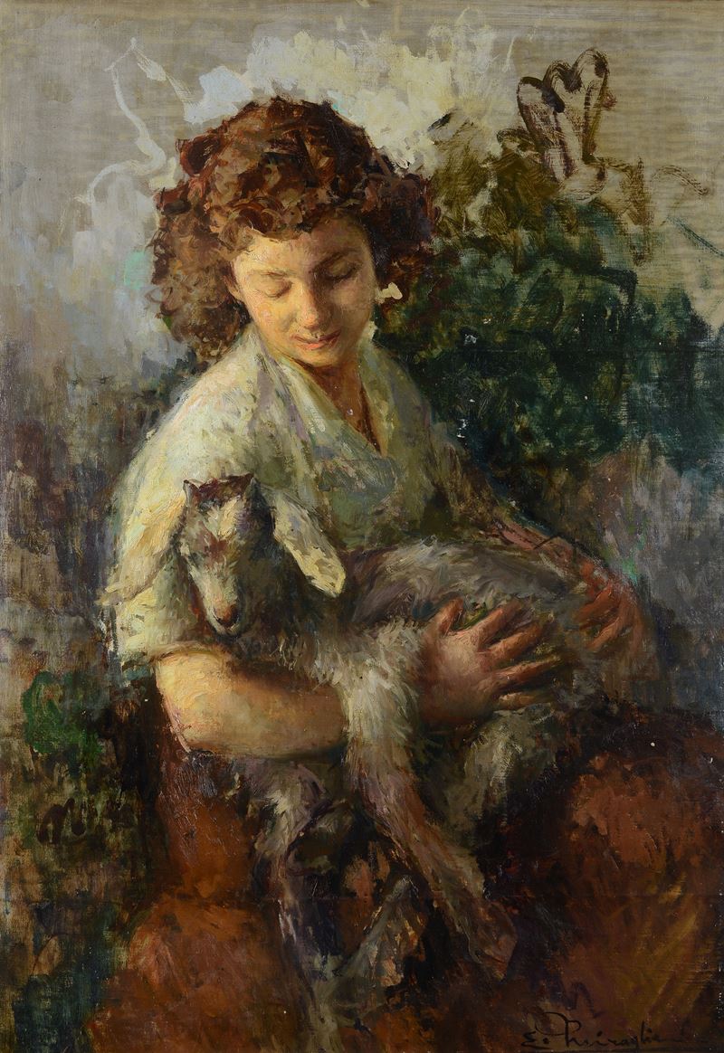 Ermogene Miraglia - Ritratto di giovane con pecora, olio su tela