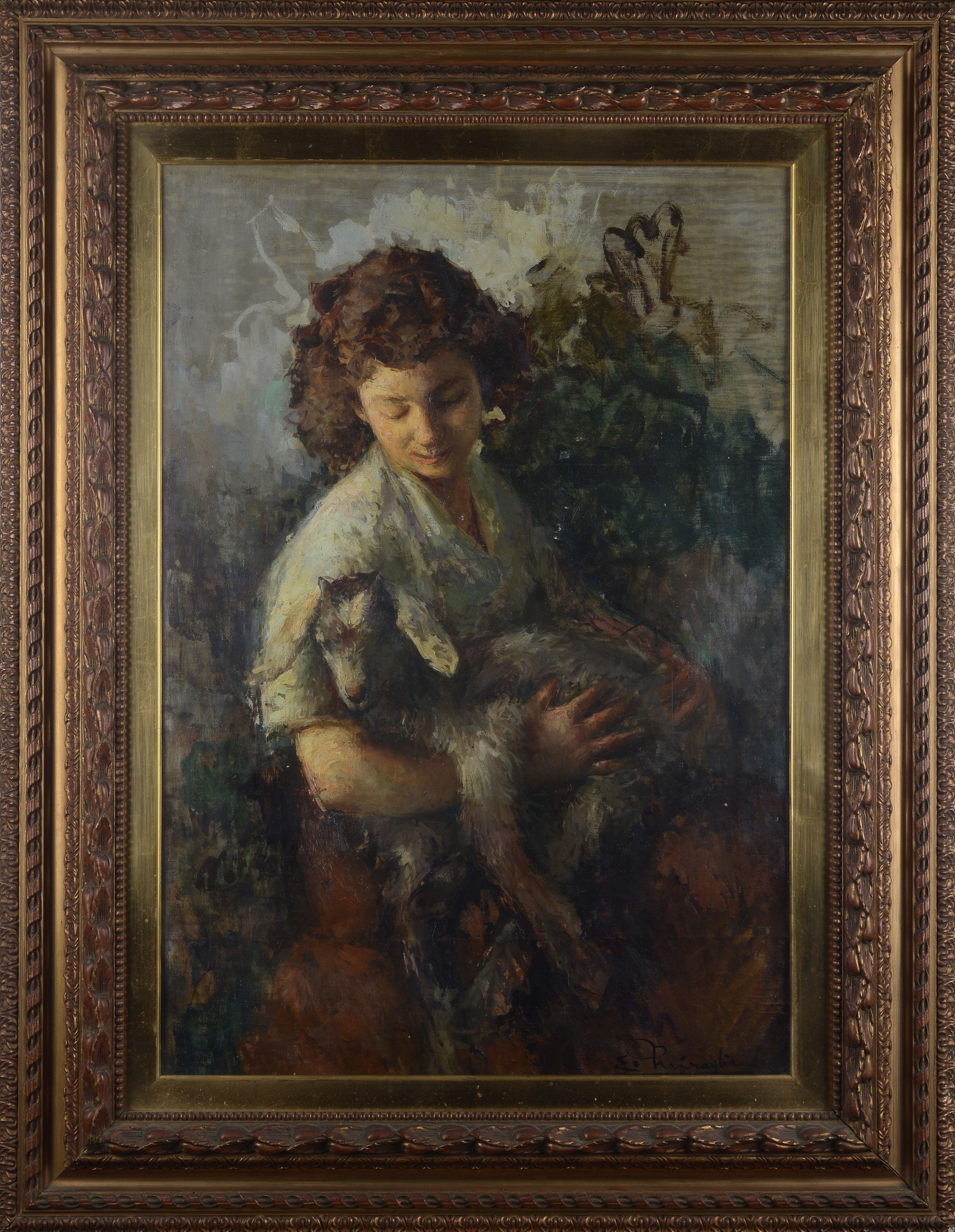 Ermogene Miraglia - Ritratto di giovane con pecora, olio su tela