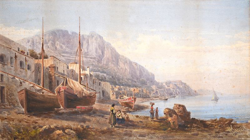 Giovanni Giordano Lanza - Al porto, acquerello su cartone