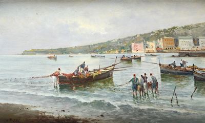 Barche con pescatori a riva, olio su tavola