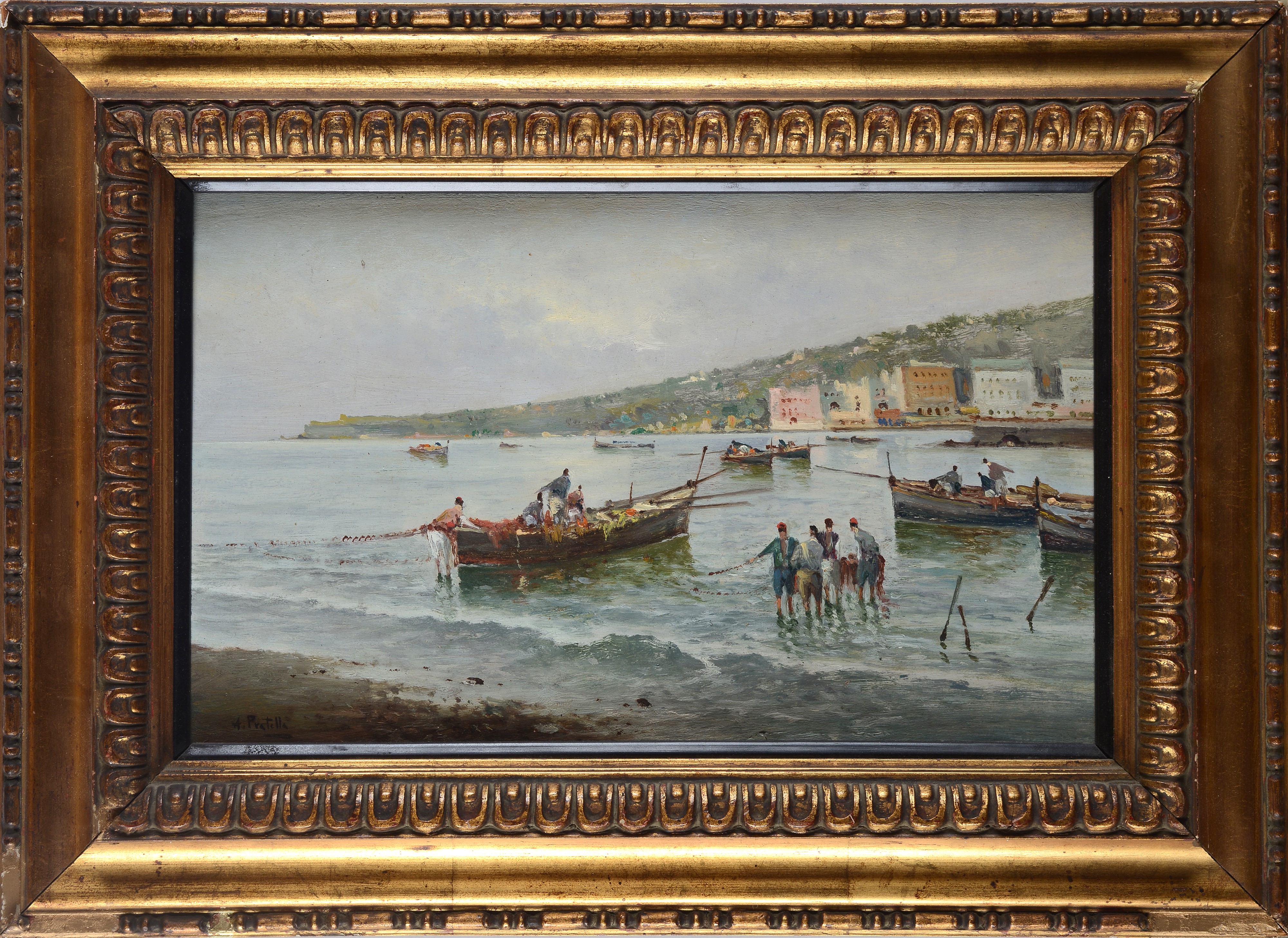 Attilio Pratella - Barche con pescatori a riva, olio su tavola