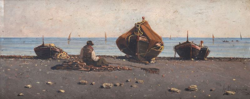 Antonino Ragusa - Pescatore a riva, olio su tavola (1888)