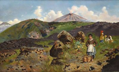 Paesaggio montano con contadini, olio su tela