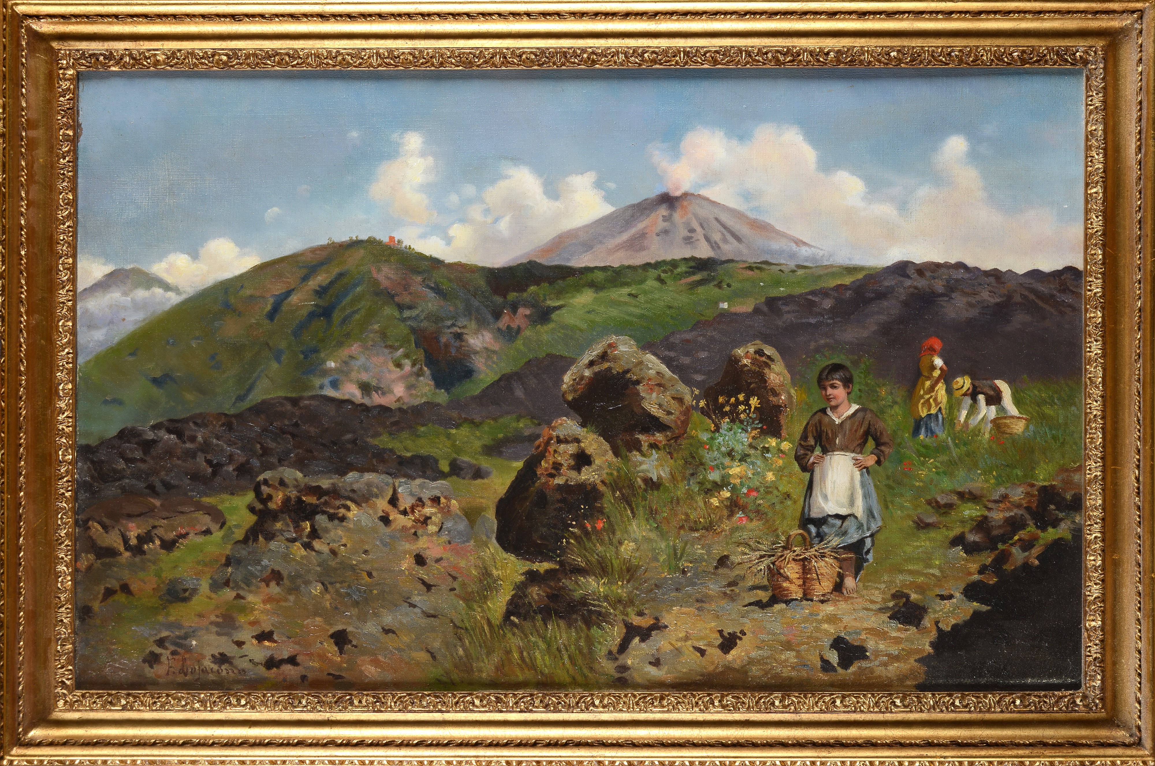 Francesco Lojacono - Paesaggio montano con contadini, olio su tela