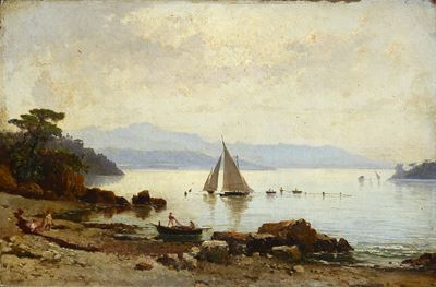 Paesaggio con barca a vela e pescatori, olio su tela