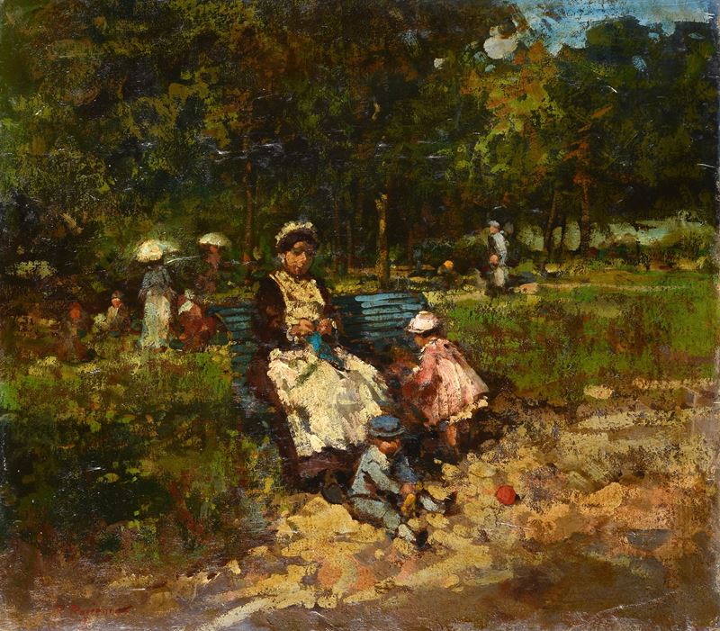 Raffaele Ragione - Ai giardini, olio su legno