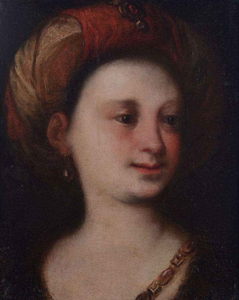 Scuola Lombardo-emiliana, XVI-XVII Sec. - Scuola Lombardo-Emiliana, Donna col turbante, olio su t...