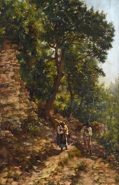 Paesaggio con contadini, olio su tela