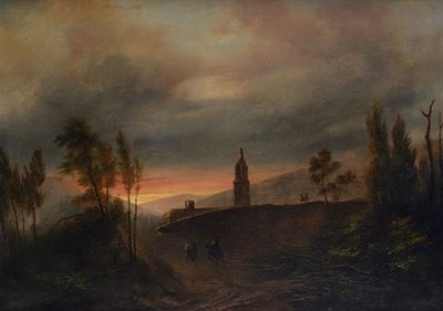 Paesaggio con edifici e viandanti, olio su tela