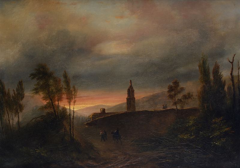Giuseppe Canella - Paesaggio con edifici e viandanti, olio su tela