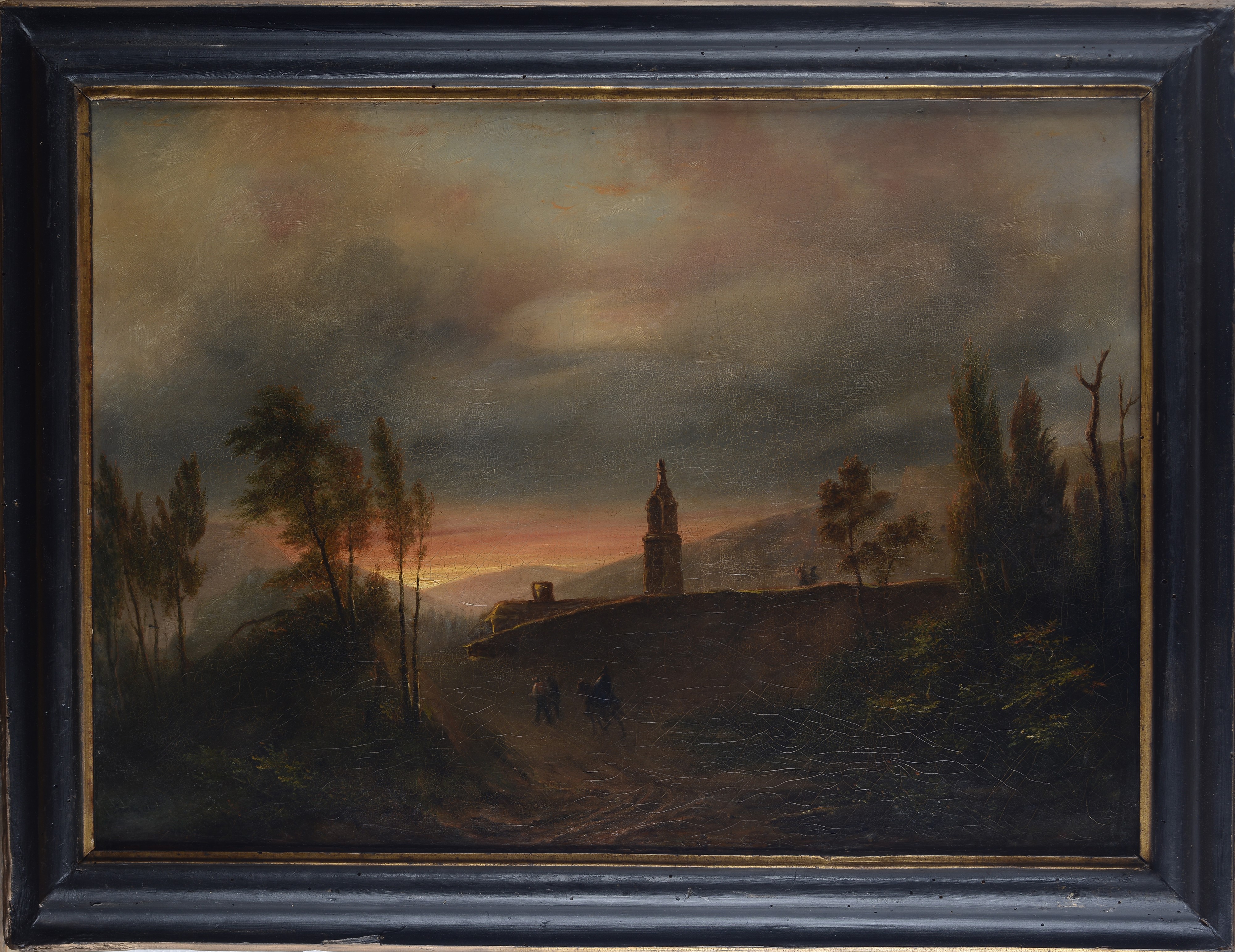 Giuseppe Canella - Paesaggio con edifici e viandanti, olio su tela