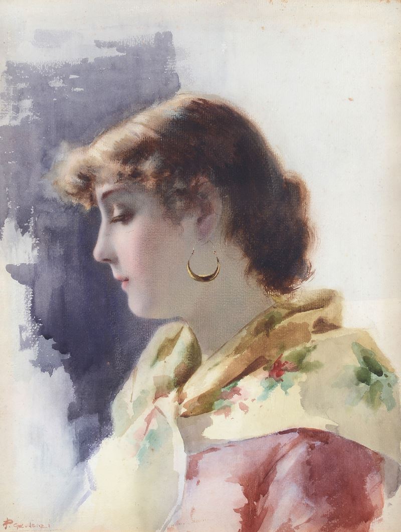 Anonimo, XIX Sec. - Anonimo XIX secolo, Profilo di ragazza (acquerello su carta)