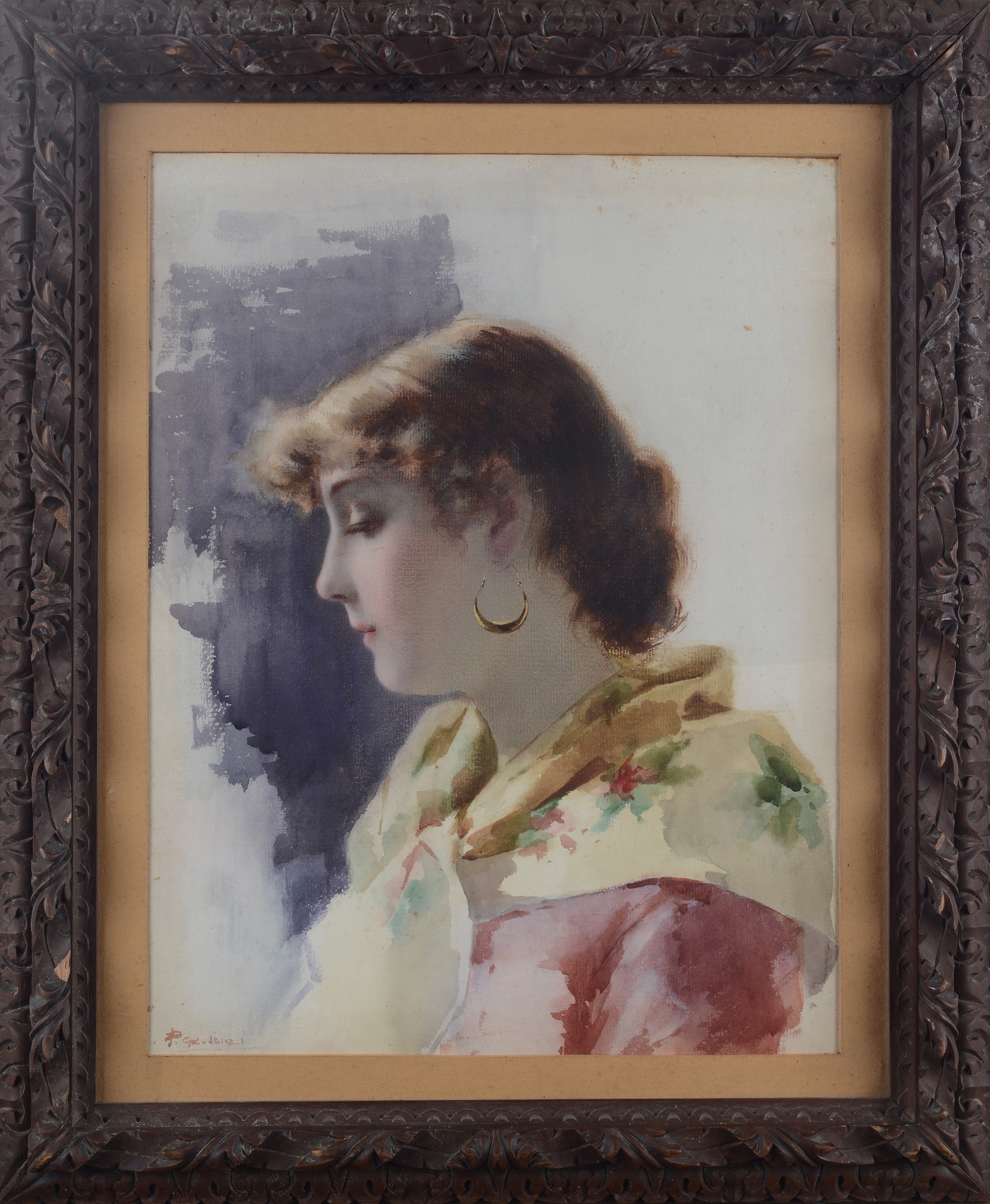 Anonimo, XIX Sec. - Anonimo XIX secolo, Profilo di ragazza (acquerello su carta)